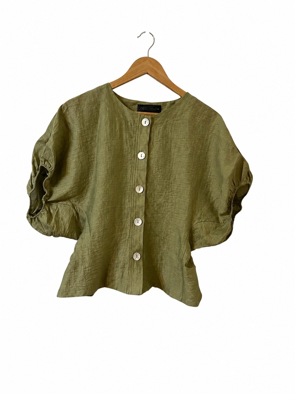 Zara Light Green Button-Up Blouse Size L